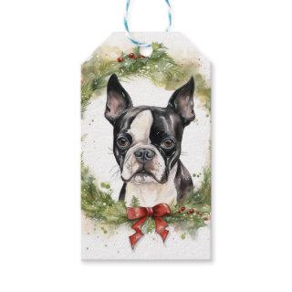 Boston Terrier Christmas Wreath Festive Pup  Gift Tags