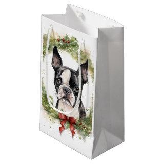 Boston Terrier Christmas Wreath Festive Pup  Small Gift Bag
