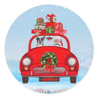 Boston Terrier Dog In Car With Santa Claus Classic Round Sticker