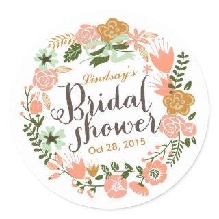 Botanical Floral Wreath Personalized Bridal Shower Classic Round Sticker