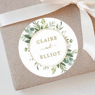 Botanical Gold Greenery Wedding Classic Round Sticker