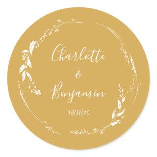 Botanical Personalized Script Wedding Names Yellow Classic Round Sticker