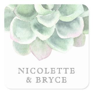 Botanical Sage Green Watercolor Succulent Wedding Square Sticker