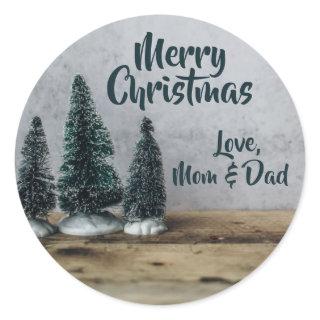 Bottle Brush Trees driftwood butcher block counter Classic Round Sticker
