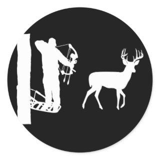 Bowhunter in Treestand Shooting Deer Classic Round Sticker