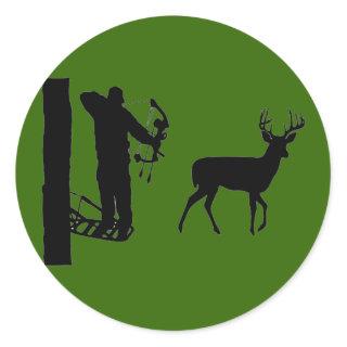Bowhunter in Treestand Shooting Deer Classic Round Sticker