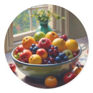 Bowl of fruit on table classical oil painting classic round sticker