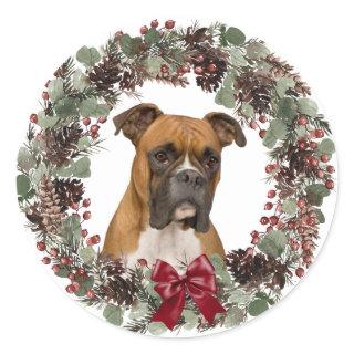Boxer Dog Red Bow Pinecone Wreath Christmas Classic Round Sticker