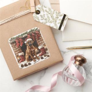 Boxer in Santa Hat by Fireplace  Square Sticker