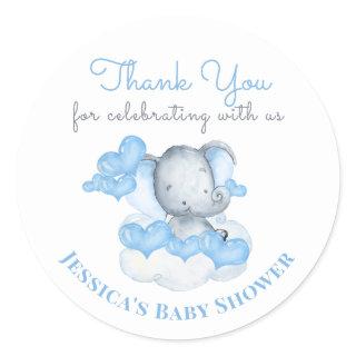 Boy Baby Elephant with Blue Hearts - Thank You Classic Round Sticker