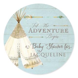 Boy Baby Shower Teepee BOHO Bohemian Adventure Classic Round Sticker