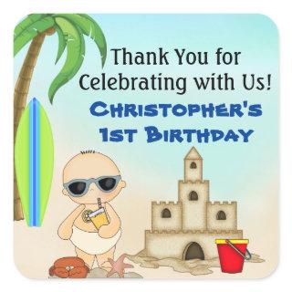 Boy Beach Baby Sandcastle n Surfboard 1st Birthday Square Sticker