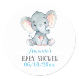 Boy Elephant Baby Shower Blue and Gray Classic Round Sticker