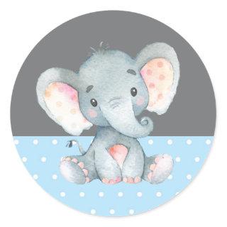 Boy Elephant Baby Shower Blue and Gray Classic Round Sticker