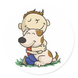 Boy lovingly hugging his dog | choose back color classic round sticker