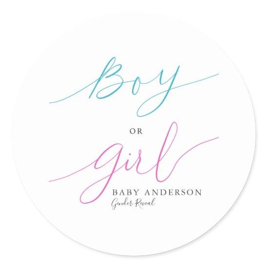 Boy or Girl Elegant Script Gender Reveal Party Classic Round Sticker