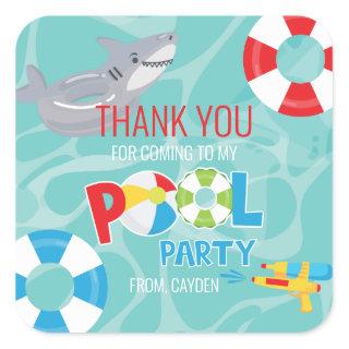 Boy Pool Party birthday shark thank you favor Square Sticker