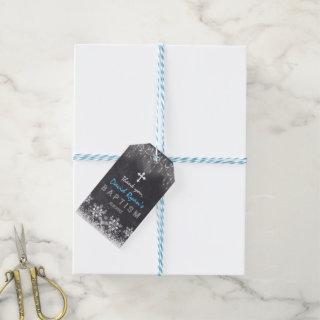 Boy Winter String Lights Snowflakes Chalk Baptism Gift Tags