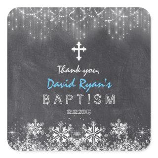 Boy Winter String Lights Snowflakes Chalk Baptism Square Sticker