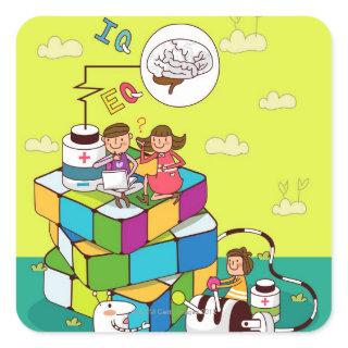 Boy with a girl sitting on a Rubik's cube puzzle Square Sticker