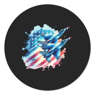 Boys 4th Of July American Usa Flag Fighter Jet 2  Classic Round Sticker