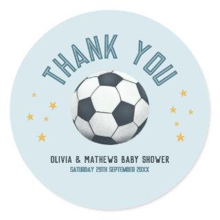 Boys Cute Blue Soccer Thank You Baby Shower Classic Round Sticker