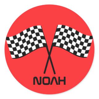 Boy's Go Kart Pit Stop Birthday Racing Flags Classic Round Sticker
