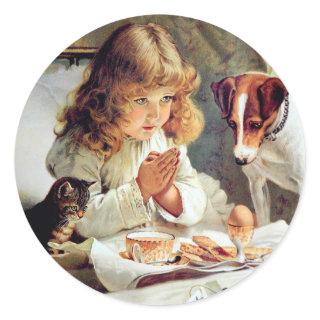 Breakfast in Bed: Girl, Terrier and Kitty Cat Classic Round Sticker