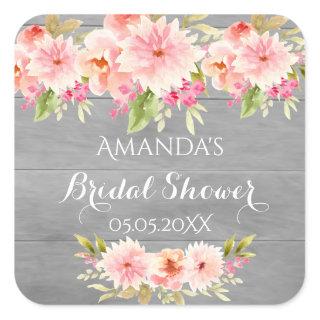 Bridal shower coral peach dahlia flowers gray square sticker