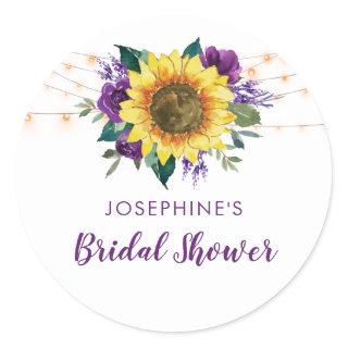 Bridal Shower Sunflower Lights Purple Floral Classic Round Sticker