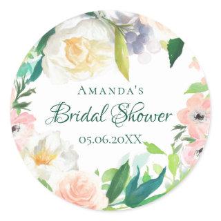 Bridal Shower watercolored florals wreath pink Classic Round Sticker