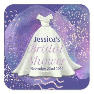Bridal Shower Wedding Gown Purple & Rose Gold Glam Square Sticker