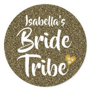 Bride Tribe Gold Date Heart Personalised Glitter Classic Round Sticker