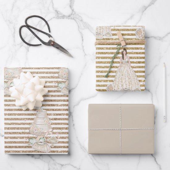 Bride Wedding Cake Gold Glitter Stripes  Sheets