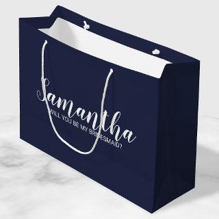 Bridesmaid Proposal | Modern Script Navy Blue Large Gift Bag