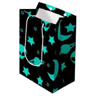 Bright Aqua Blue Alien Heads in Outer Space Medium Gift Bag