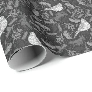 Bright Black and Winter White Birds Floral Pattern