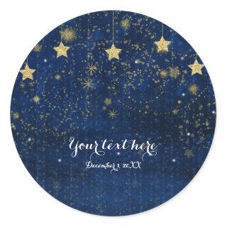 Bright Blue & Gold Starry Night Celestial Favor Classic Round Sticker