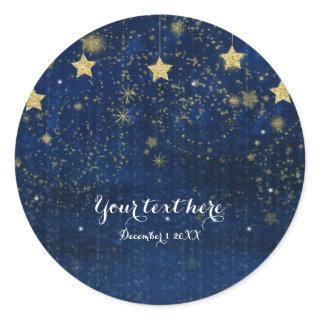 Bright Blue & Gold Starry Night Celestial Favor Classic Round Sticker