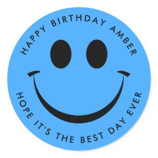 Bright Blue Happy Face Birthday Fun Classic Round Sticker
