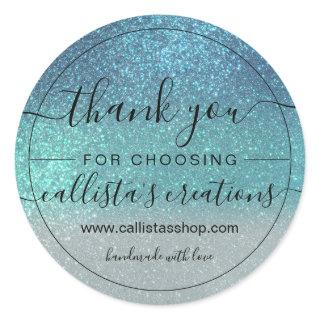 Bright Blue Teal Sparkly Glitter Ombre Thank You Classic Round Sticker