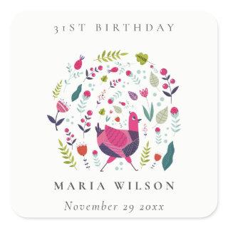 Bright Folk Farm Floral Bird Any Age Birthday Square Sticker