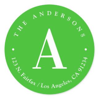 Bright Green & White Monogram Return Address Classic Round Sticker