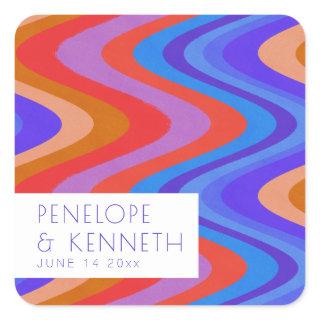 Bright Groovy Retro Blue Purple Wedding Custom  Square Sticker