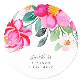 Bright Pink Green Floral Custom Wedding Thank You  Classic Round Sticker