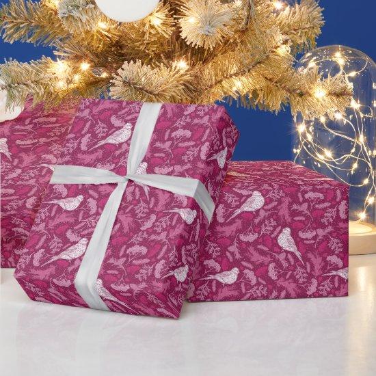 Bright Pink Mauve Winter White Bird Floral Pattern