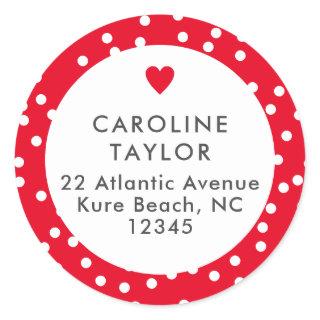 Bright Red Heart & Polka Dots Cute Girly Address Classic Round Sticker