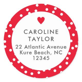 Bright Red Heart & Polka Dots Cute Girly Address Classic Round Sticker