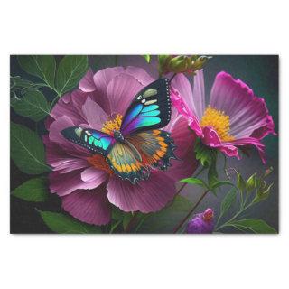 Bright Teal Butterfly Amongst Dark Pink Flowers Tissue Paper