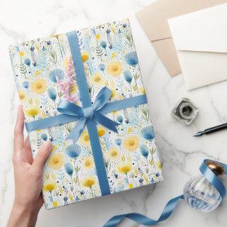 Bright Watercolor Floral Yellow and Blue Botanical